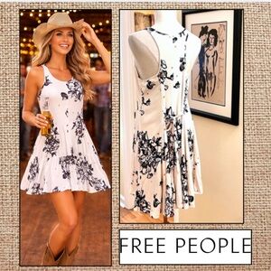 Free People White Floral Tank Swing Dress with Black Print